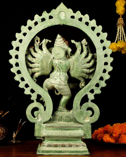 Brass Dancing Ganesha Statue - 25.5" Height, Antique Green Patina Finish