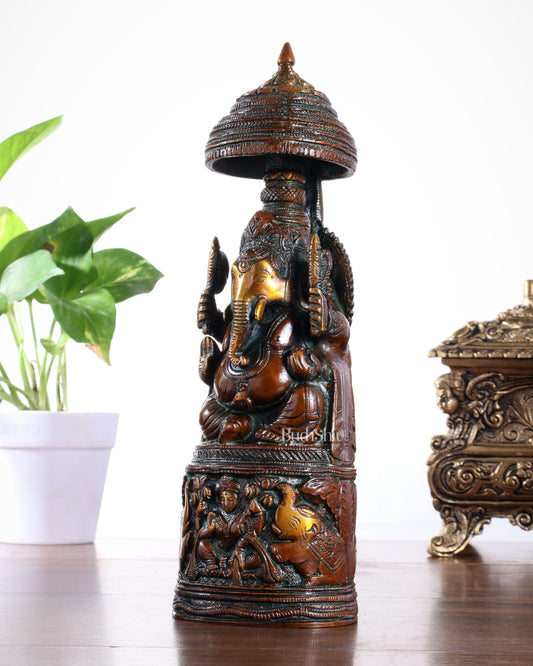Pure Brass Lord Ganesha Statue with Gajalakshmi Carvings – Copper Tone Finish