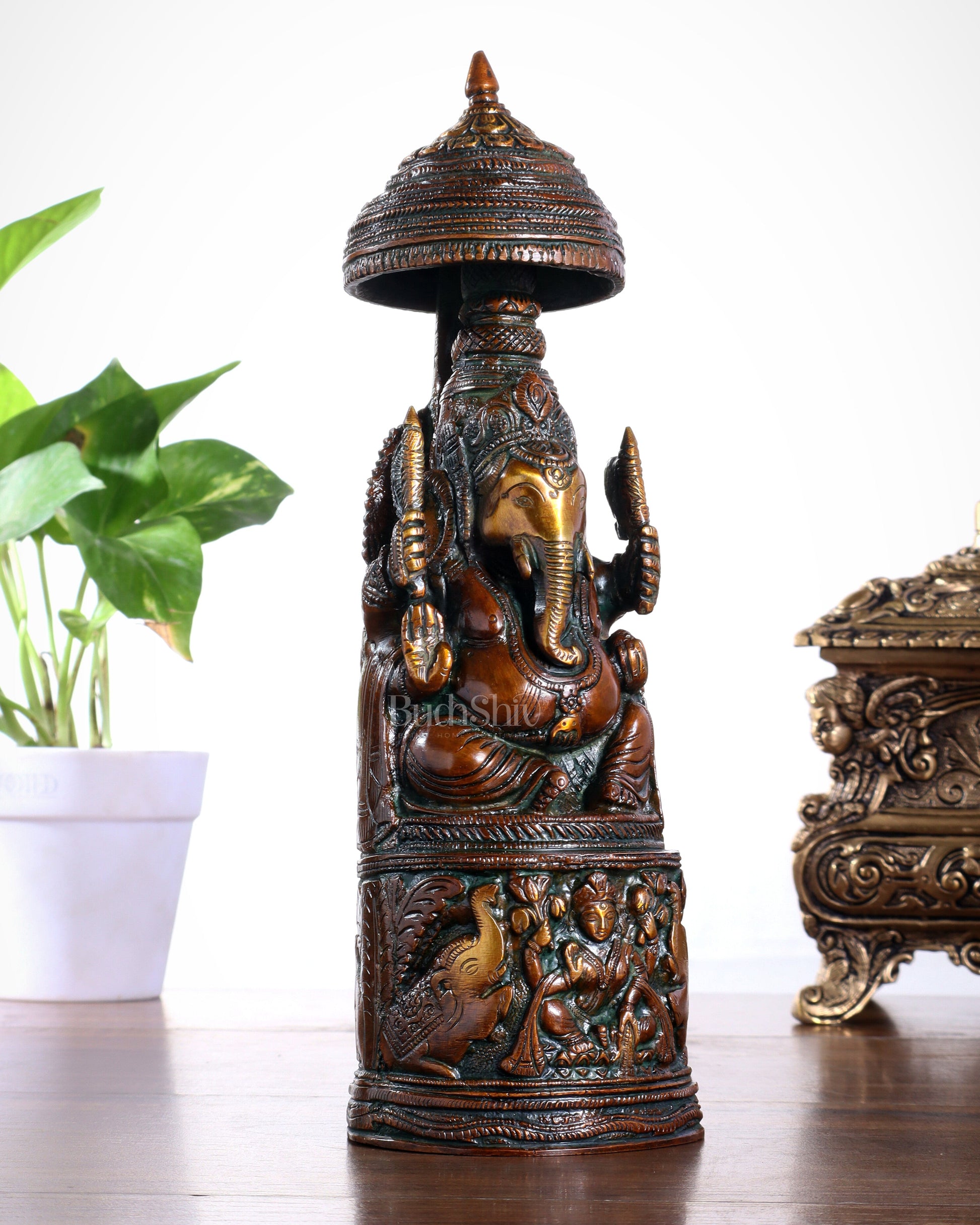 Pure Brass Lord Ganesha Statue with Gajalakshmi Carvings – Copper Tone Finish