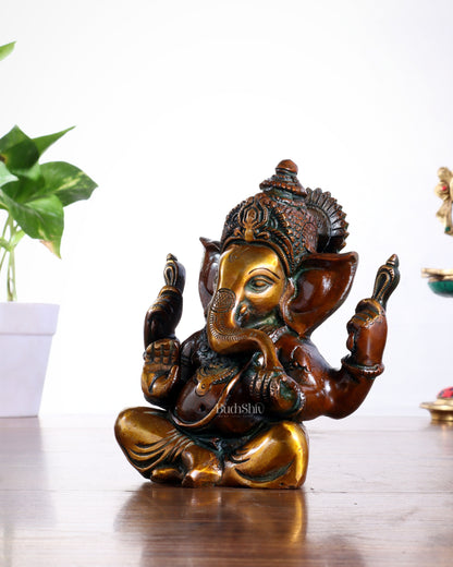 Pure brass Taj Ganesha Brass Statue with Vintage tone 6"