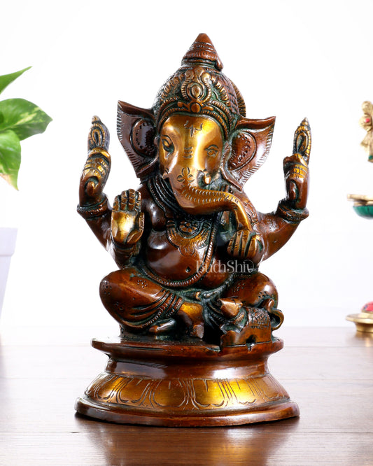 Pure Brass Taj Ganesha Statue with Round Base – Vintage Finish 7"