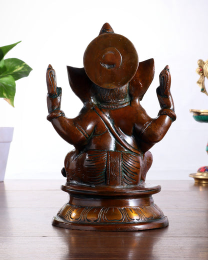 Pure Brass Taj Ganesha Statue with Round Base – Vintage Finish 7"