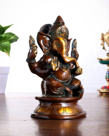 Pure Brass Taj Ganesha Statue with Round Base – Vintage Finish 7"