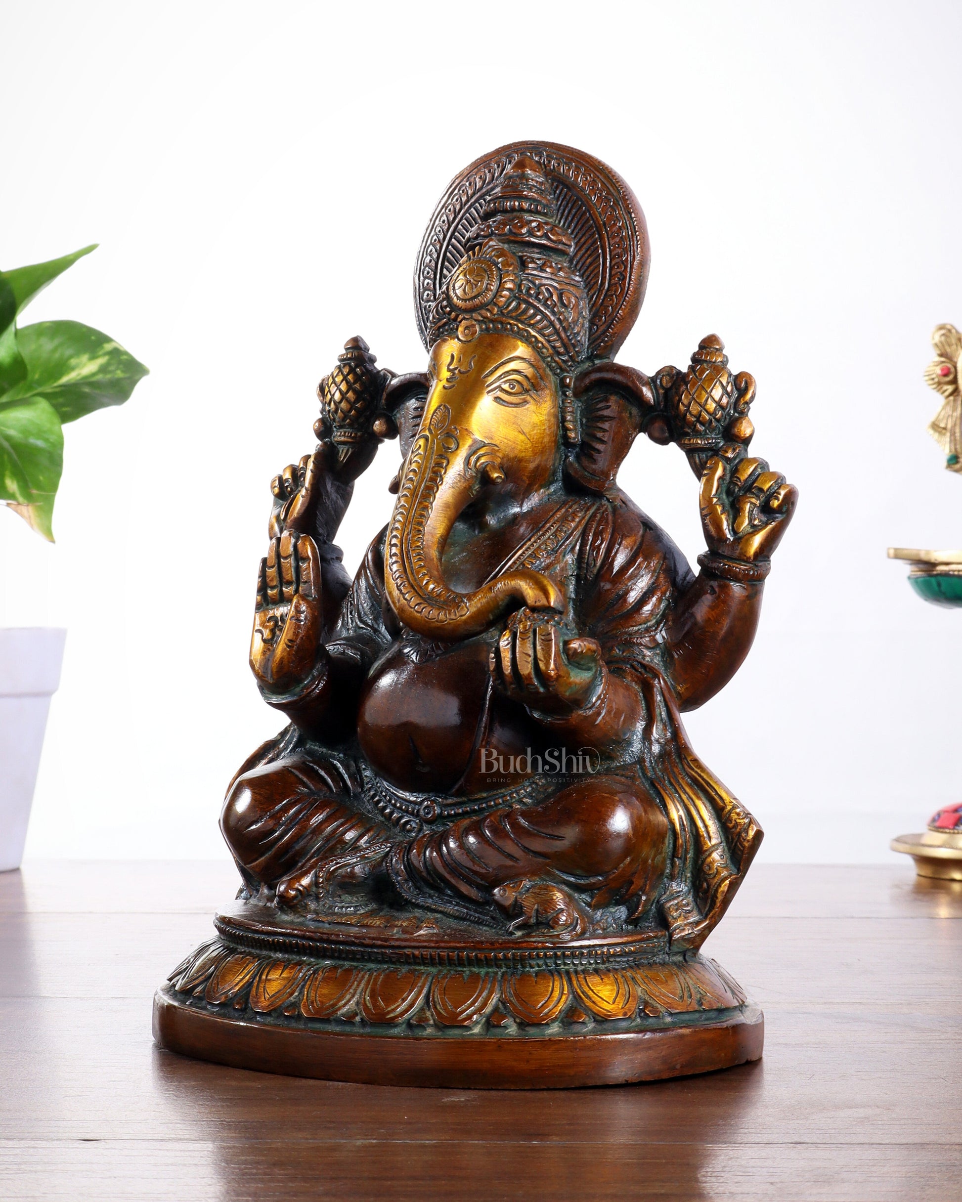 Brass Ganesha Idol with Vintage Finish – Pure Brass Handcrafted 8"