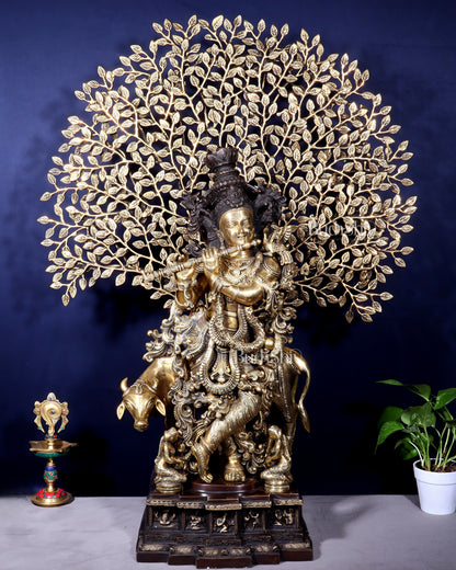 Pure Brass Lord Krishna with Cow and Kalpavriksha Tree – Large Idol 39"