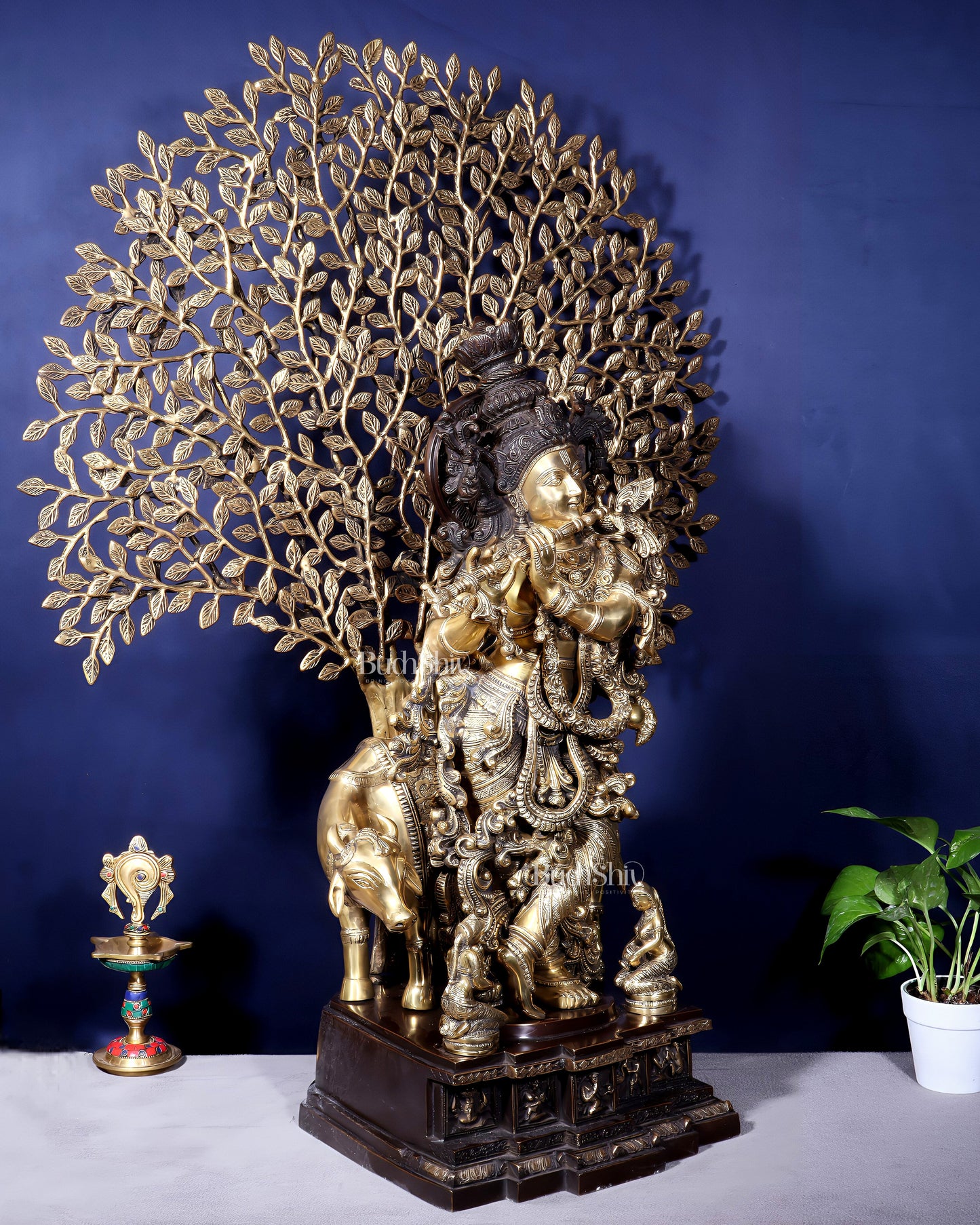 Pure Brass Lord Krishna with Cow and Kalpavriksha Tree – Large Idol 39"