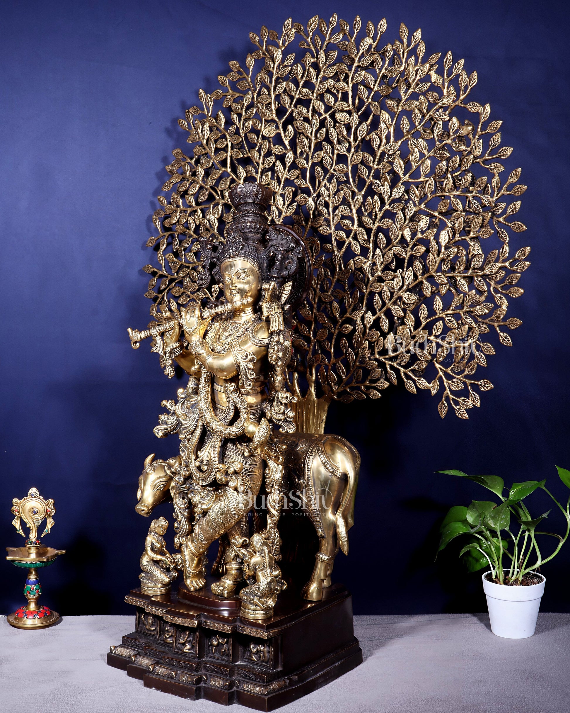 Pure Brass Lord Krishna with Cow and Kalpavriksha Tree – Large Idol 39"