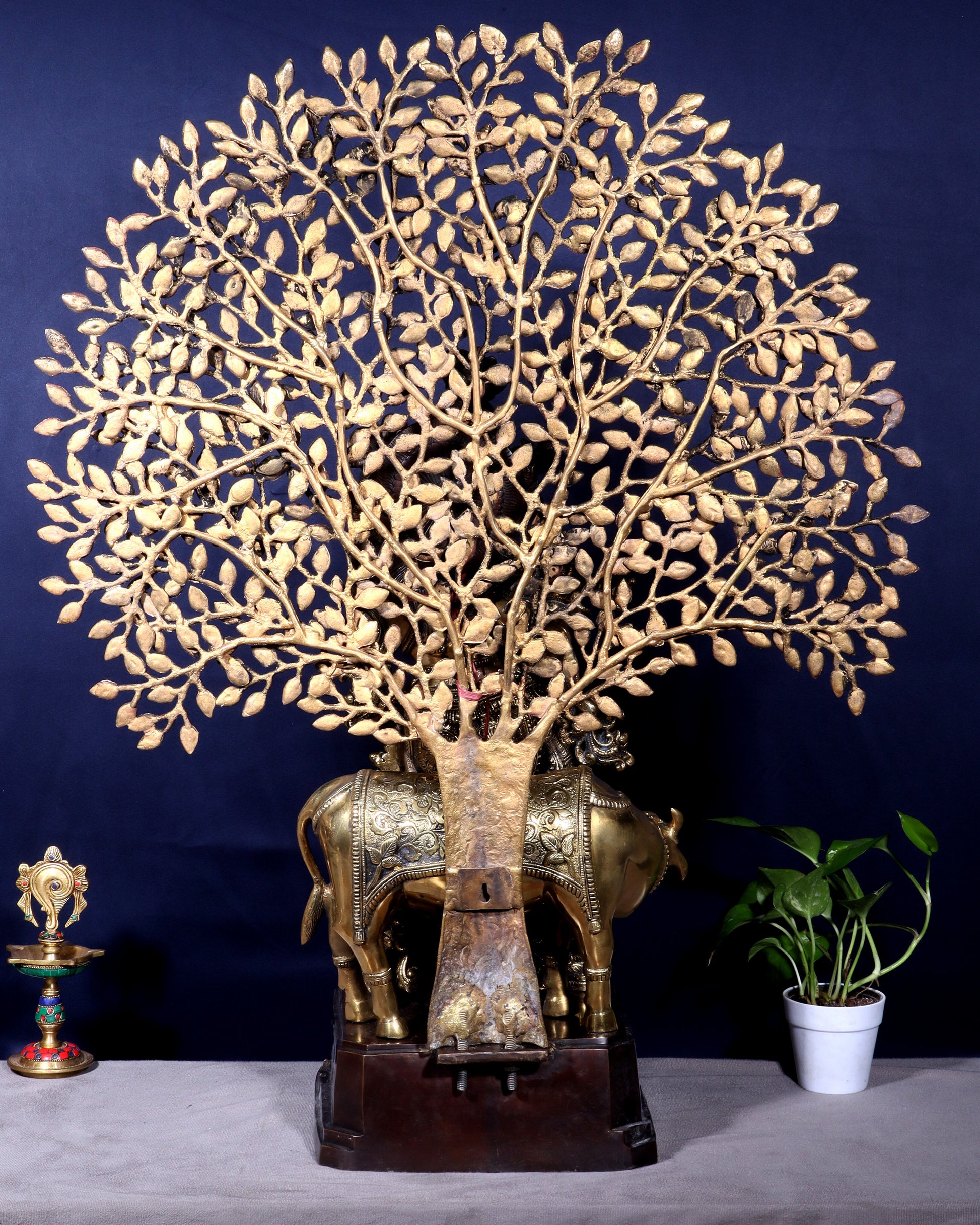 Pure Brass Lord Krishna with Cow and Kalpavriksha Tree – Large Idol 39"