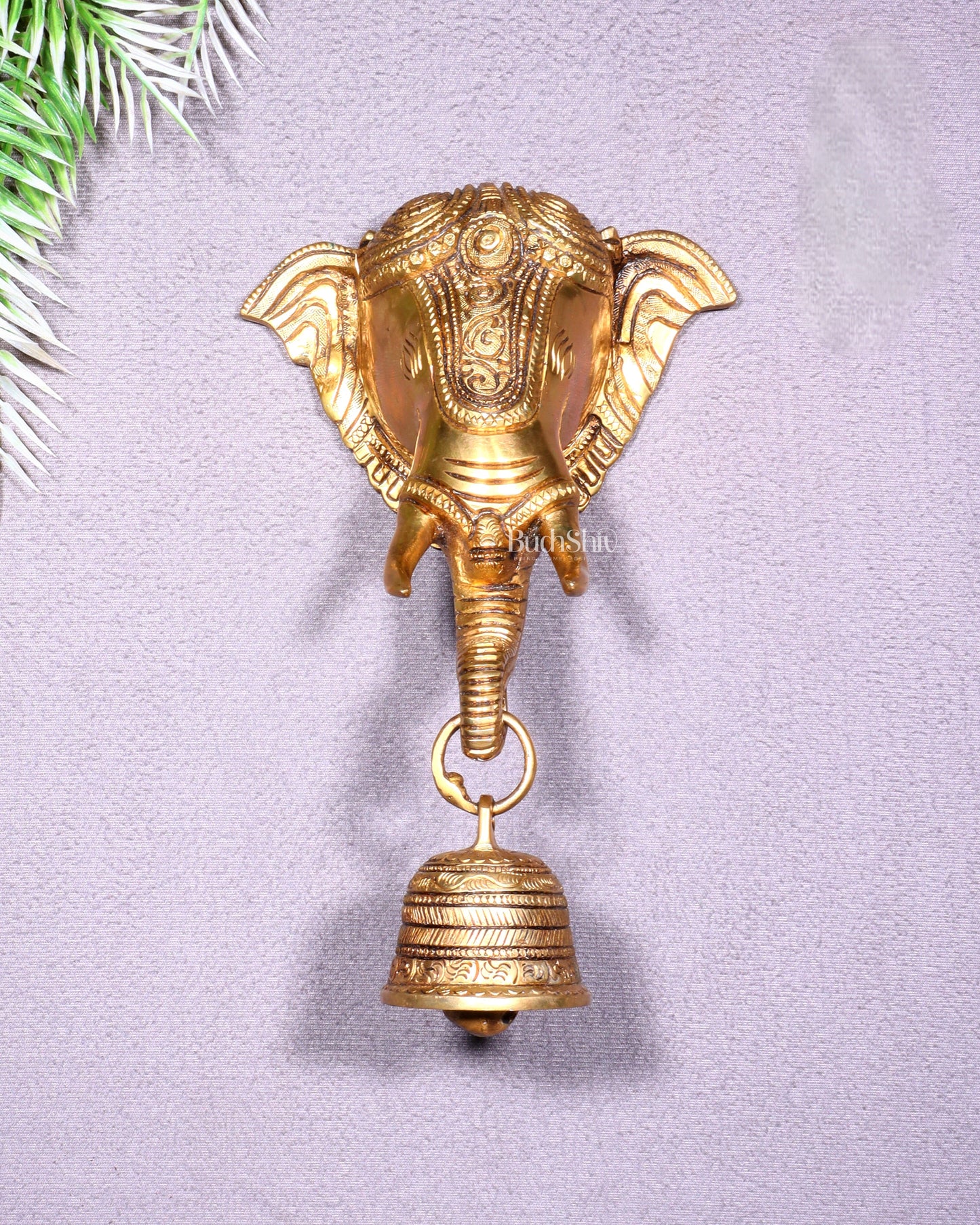 Pure Brass Elephant Face with Bell Wall Hanging 10.6"