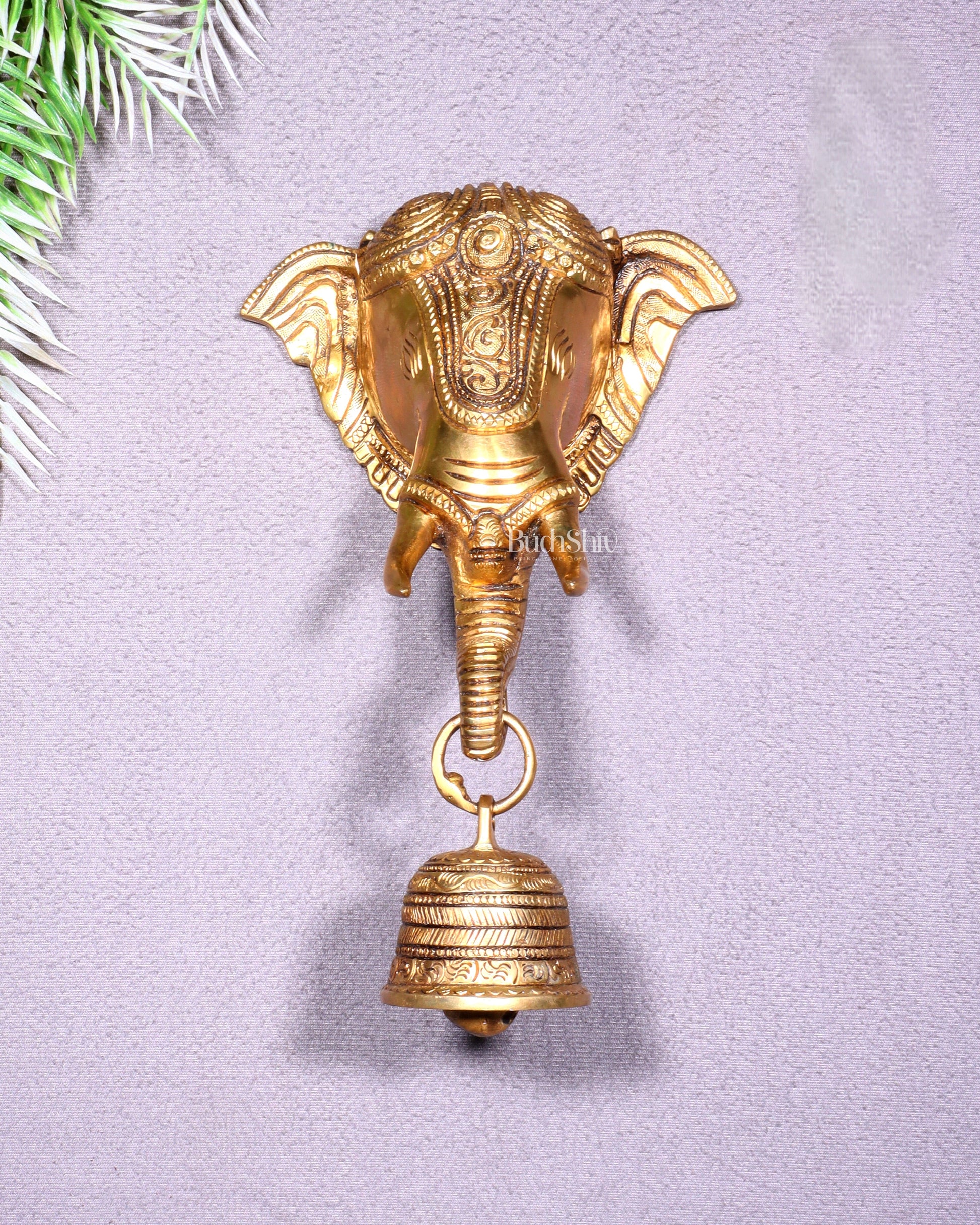 Pure Brass Elephant Face with Bell Wall Hanging 10.6"