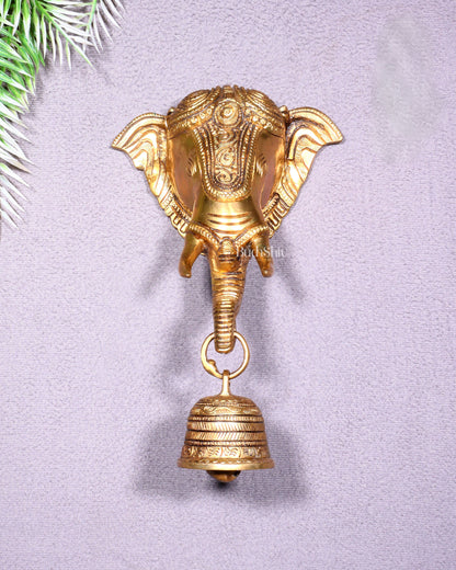 Pure Brass Elephant Face with Bell Wall Hanging 10.6"