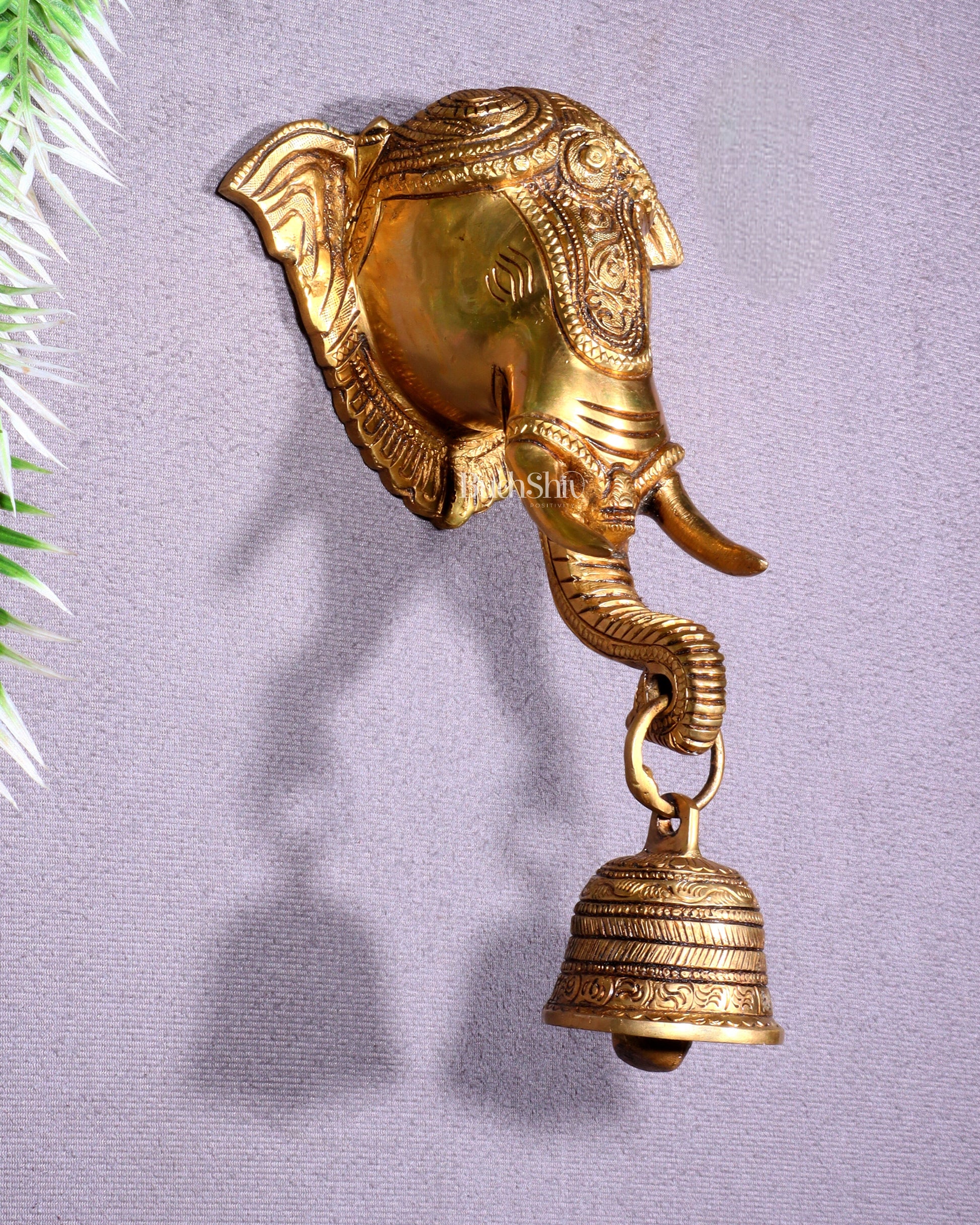 Pure Brass Elephant Face with Bell Wall Hanging 10.6"