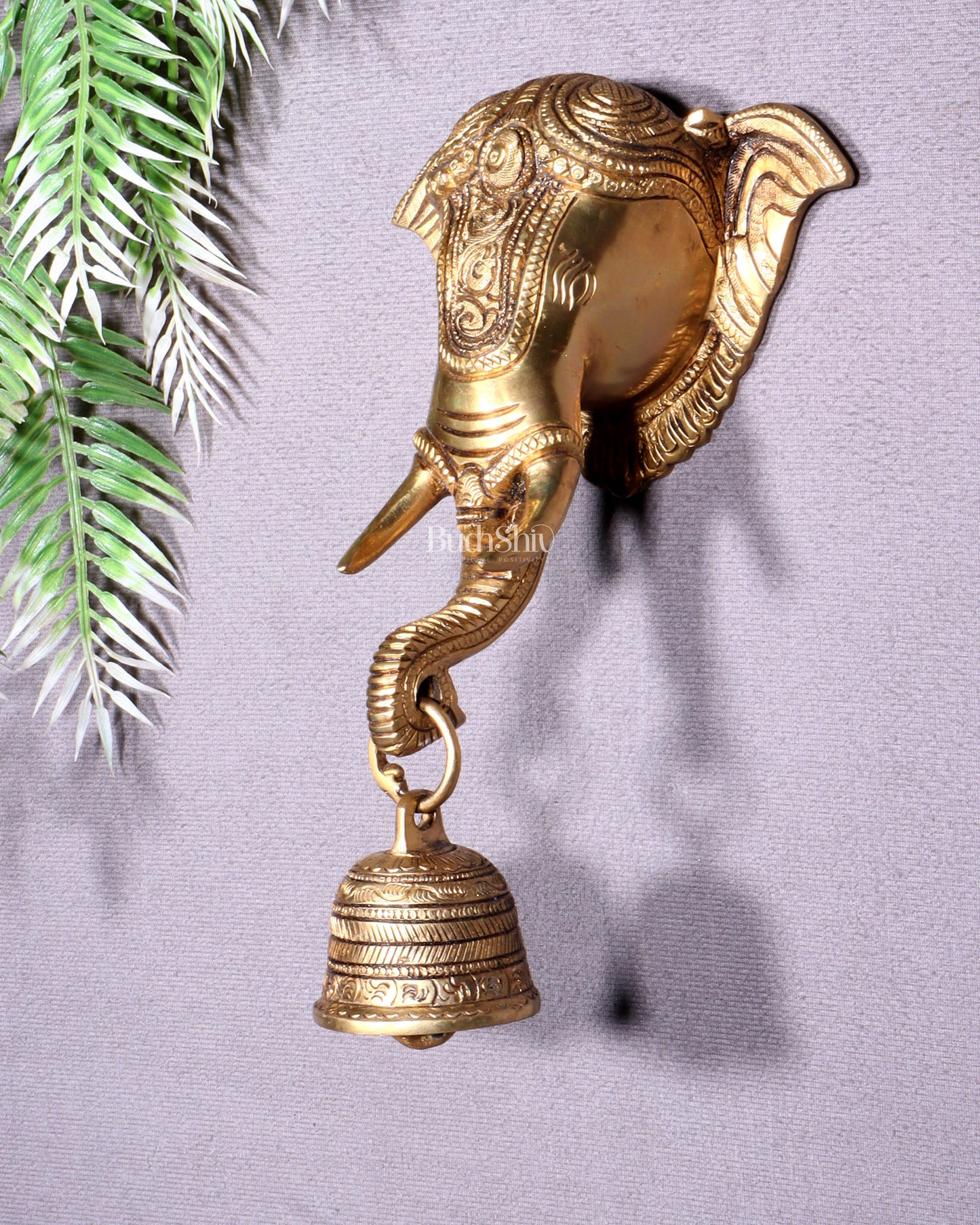 Pure Brass Elephant Face with Bell Wall Hanging 10.6"