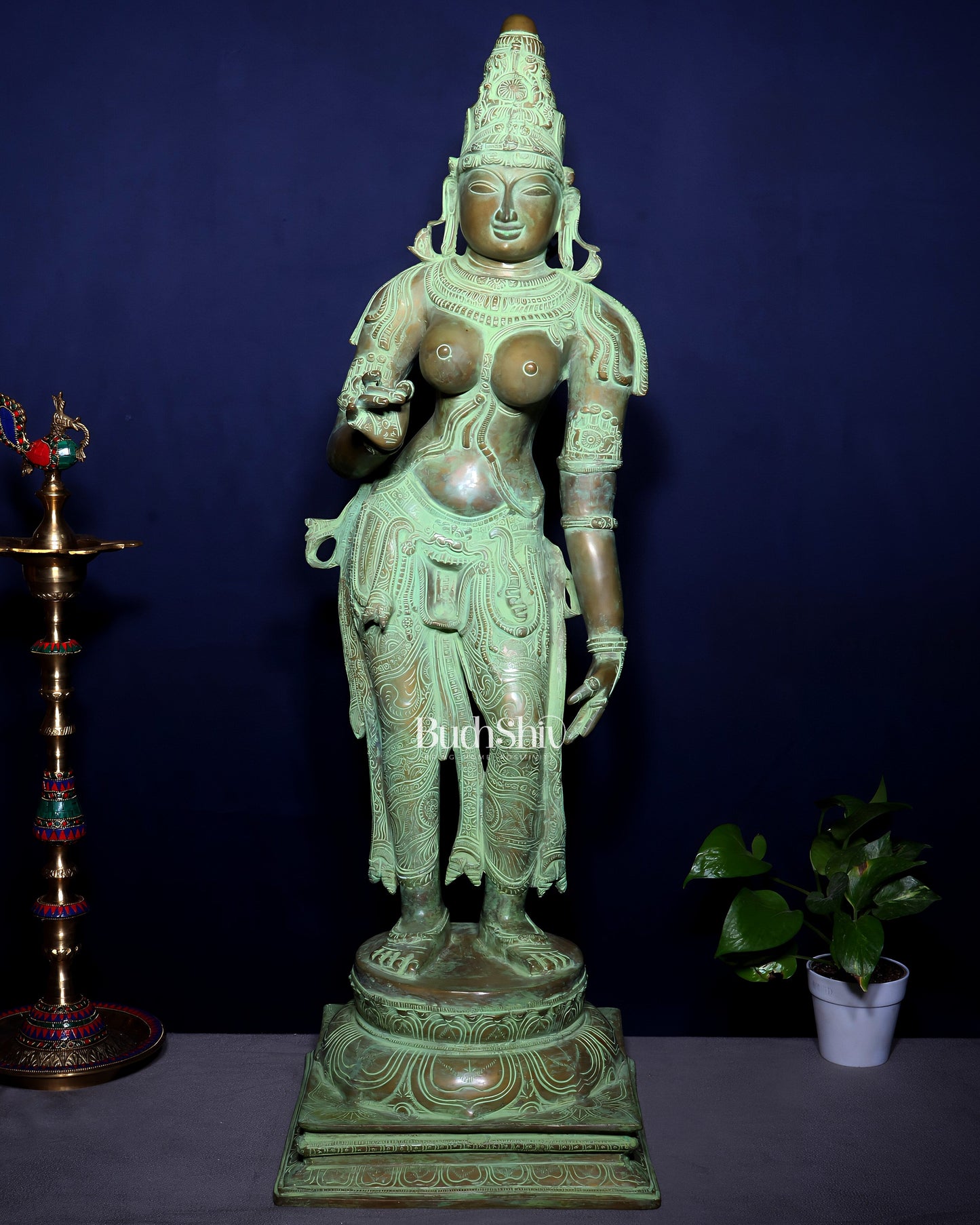 Vintage Bhoga Shakti Brass Standing Parvati Statue – Green Patina Finish (38 Inches, 30 Kg)