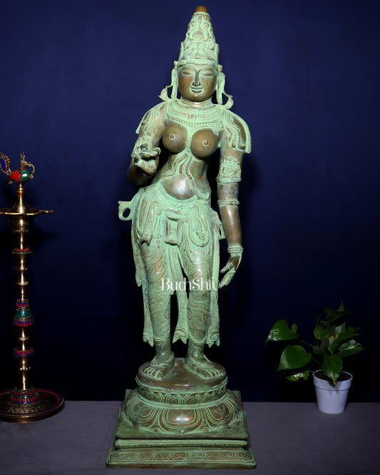 Vintage Bhoga Shakti Brass Standing Parvati Statue – Green Patina Finish (38 Inches, 30 Kg)