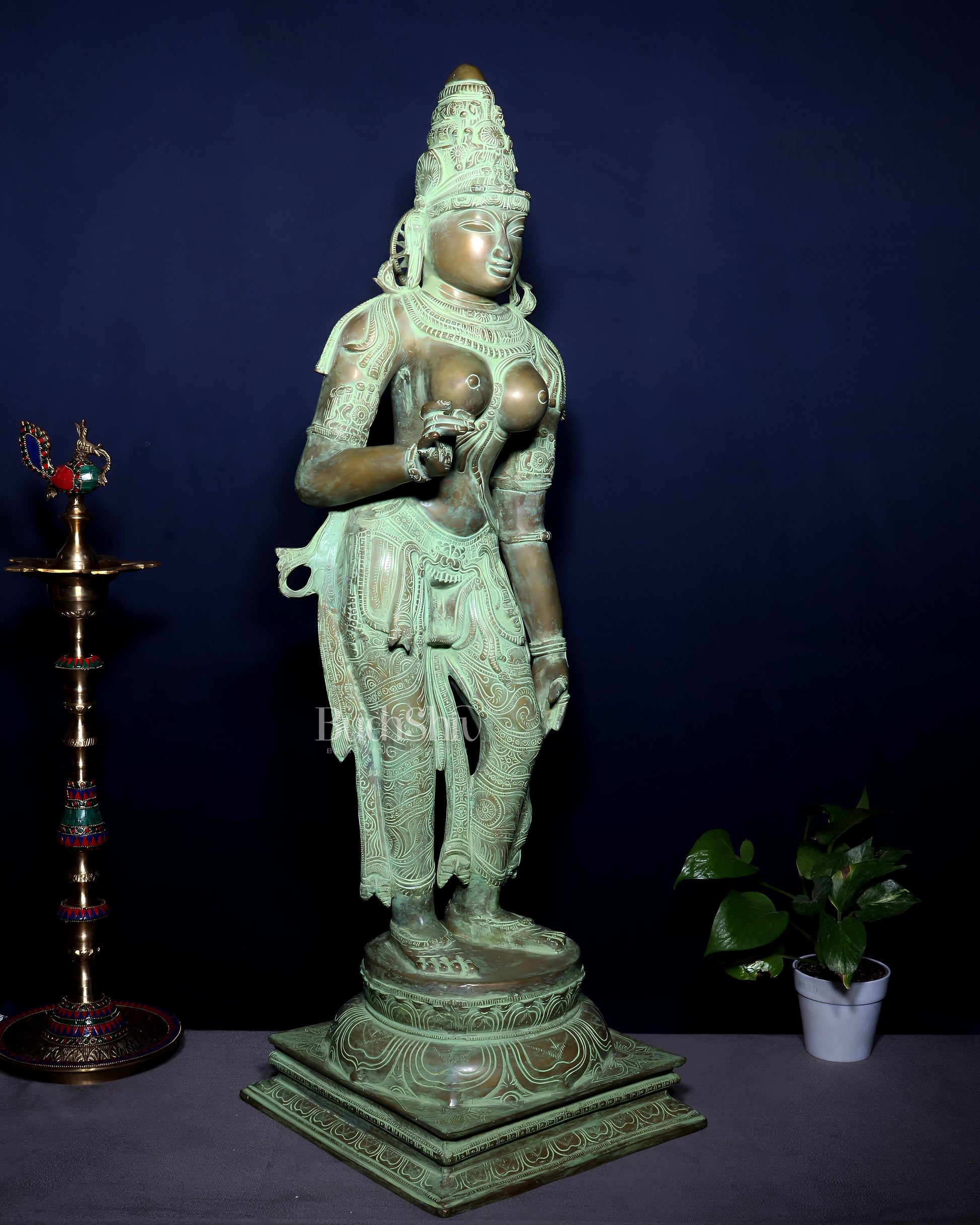 Vintage Bhoga Shakti Brass Standing Parvati Statue – Green Patina Finish (38 Inches, 30 Kg)