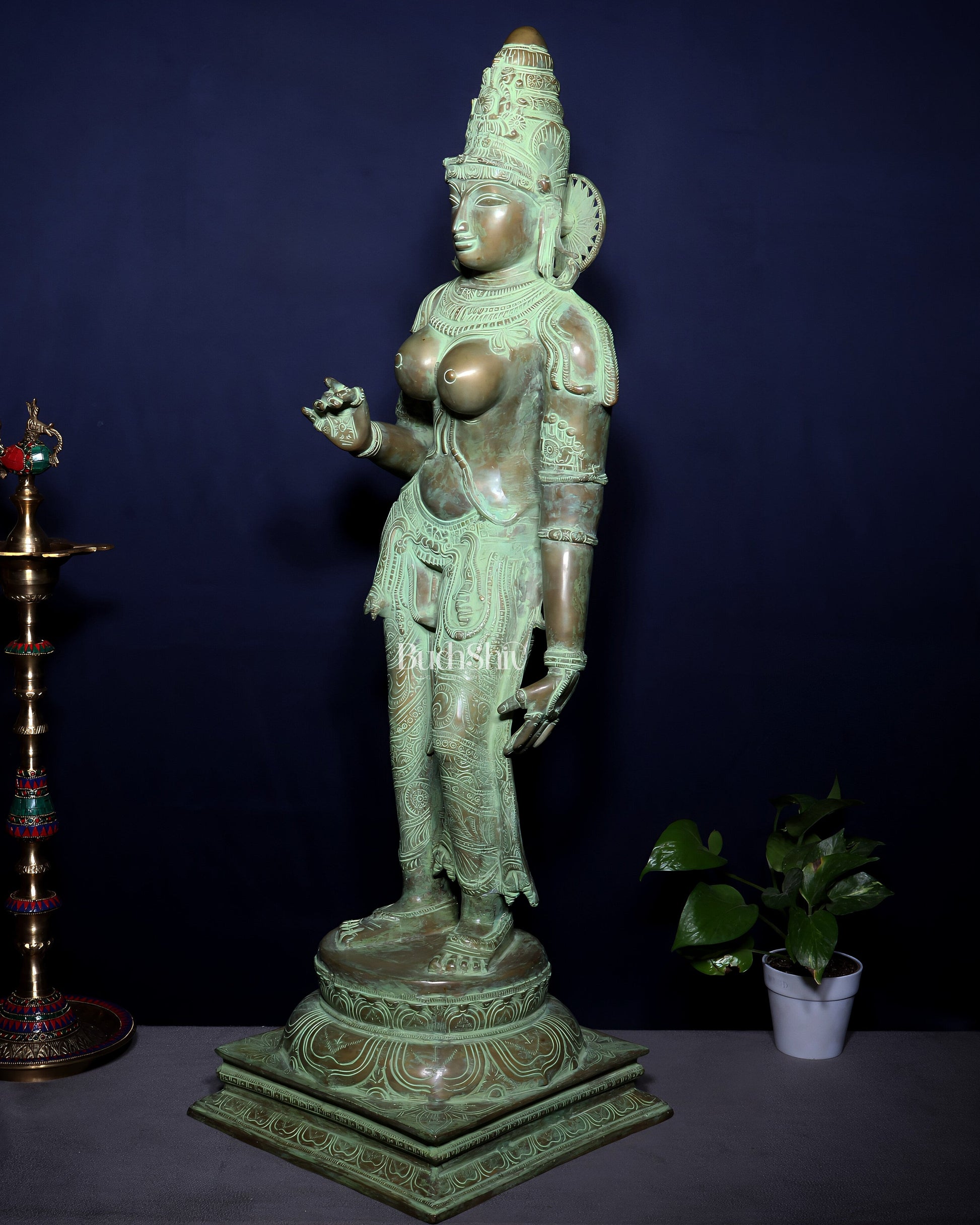 Vintage Bhoga Shakti Brass Standing Parvati Statue – Green Patina Finish (38 Inches, 30 Kg)