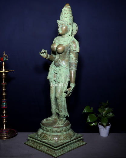 Vintage Bhoga Shakti Brass Standing Parvati Statue – Green Patina Finish (38 Inches, 30 Kg)