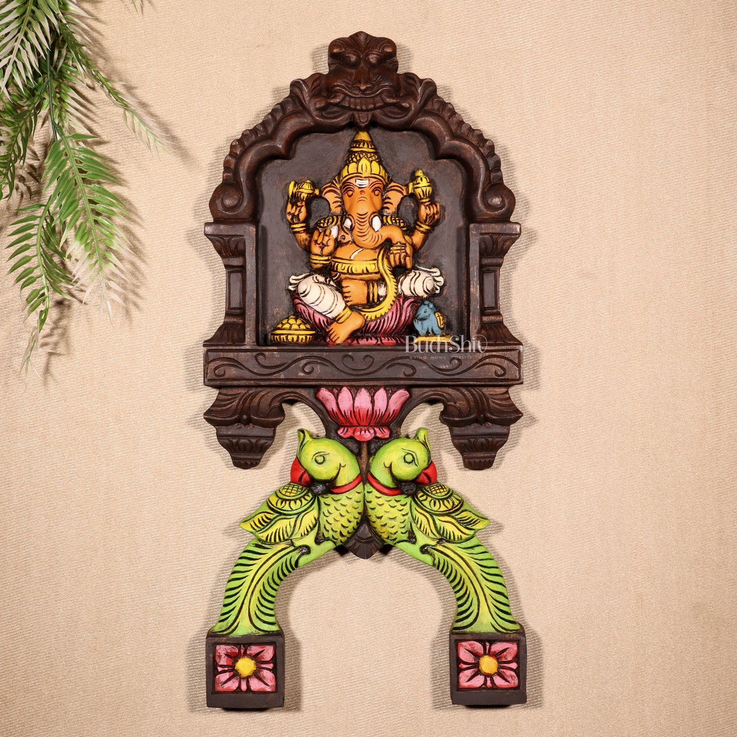Handcrafted Wooden Ganesha with Twin Parrots Wall Panel – 18 Inches