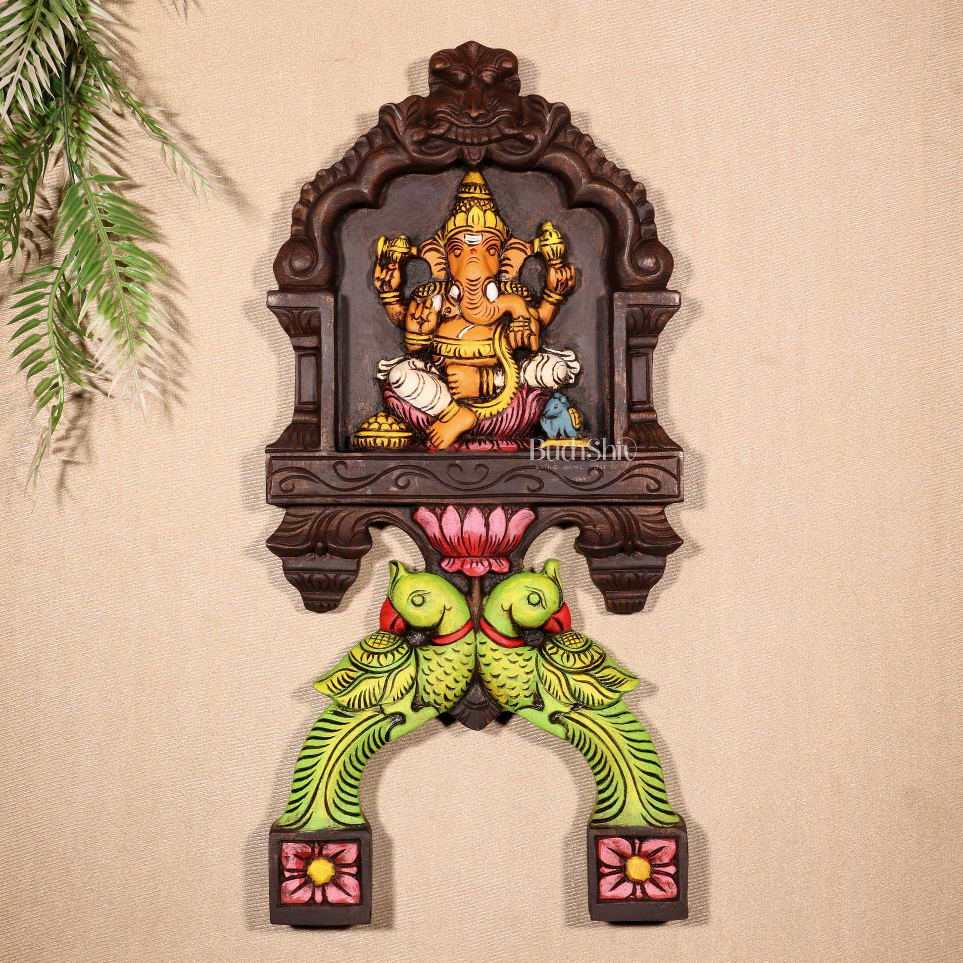Handcrafted Wooden Ganesha with Twin Parrots Wall Panel – 18 Inches