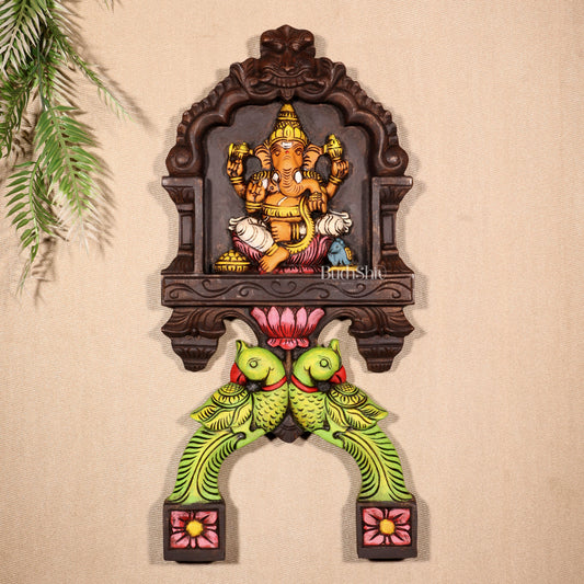 Handcrafted Wooden Ganesha with Twin Parrots Wall Panel – 18 Inches
