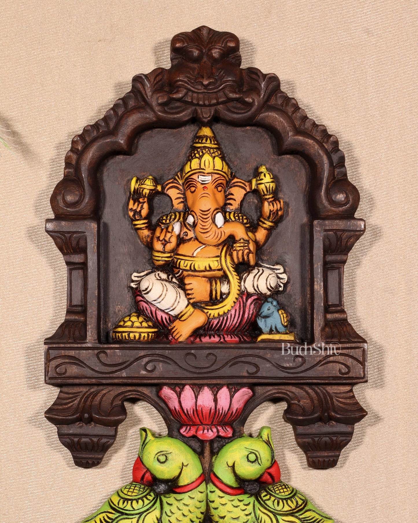 Handcrafted Wooden Ganesha with Twin Parrots Wall Panel – 18 Inches