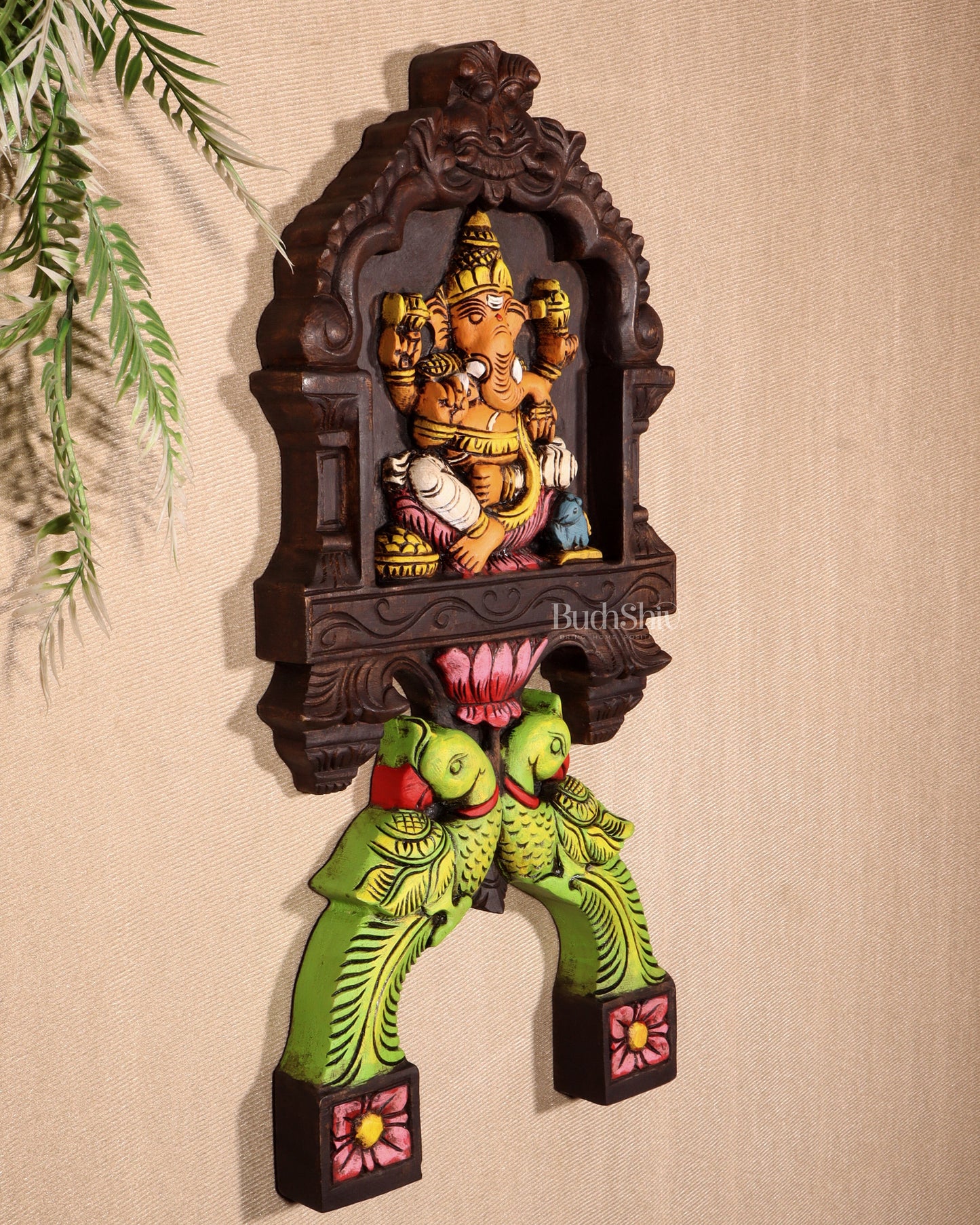 Handcrafted Wooden Ganesha with Twin Parrots Wall Panel – 18 Inches