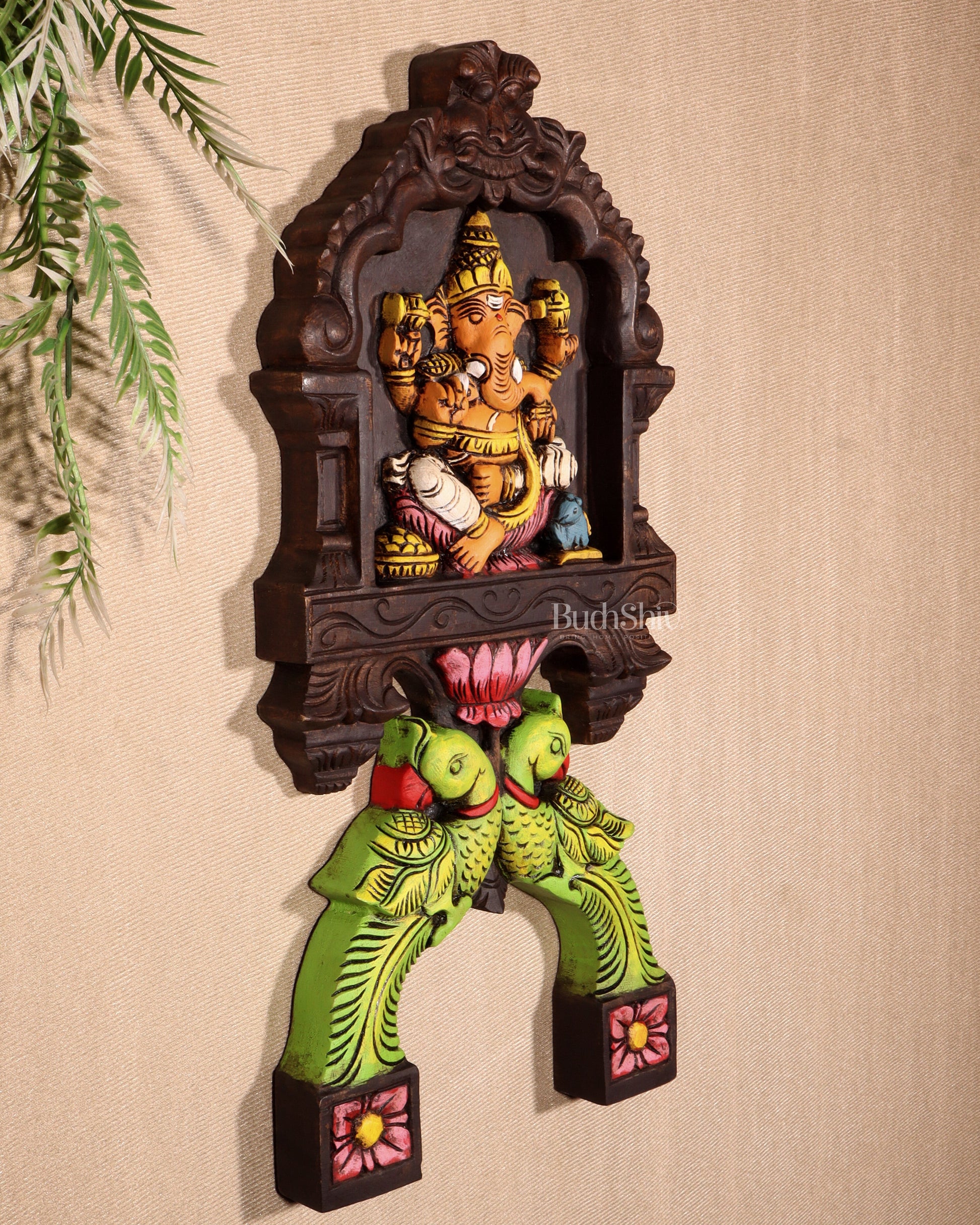 Handcrafted Wooden Ganesha with Twin Parrots Wall Panel – 18 Inches