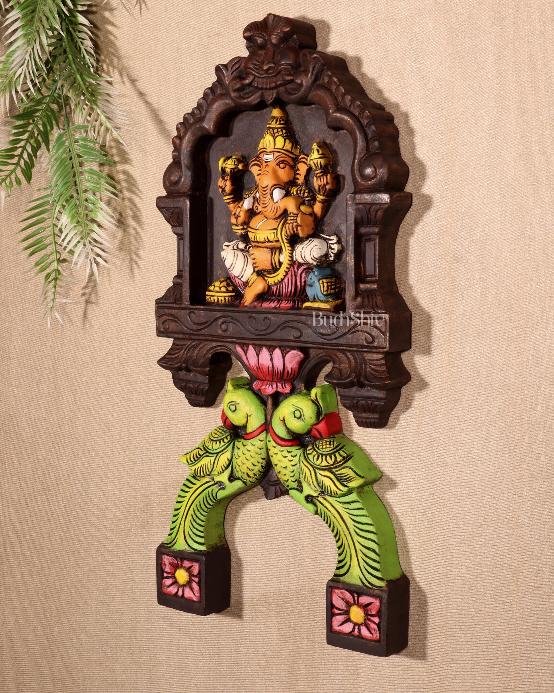 Handcrafted Wooden Ganesha with Twin Parrots Wall Panel – 18 Inches
