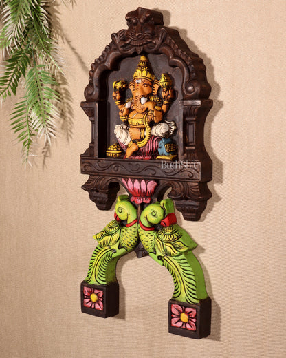 Handcrafted Wooden Ganesha with Twin Parrots Wall Panel – 18 Inches