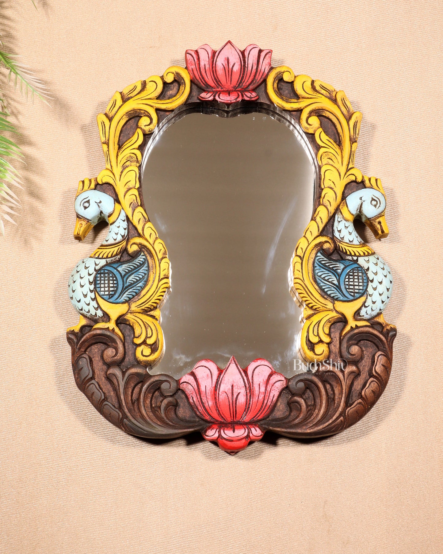 Wooden Twin Peacock Wall Hanging Mirror with Lotus Motifs – Handcrafted (14.5 inches)
