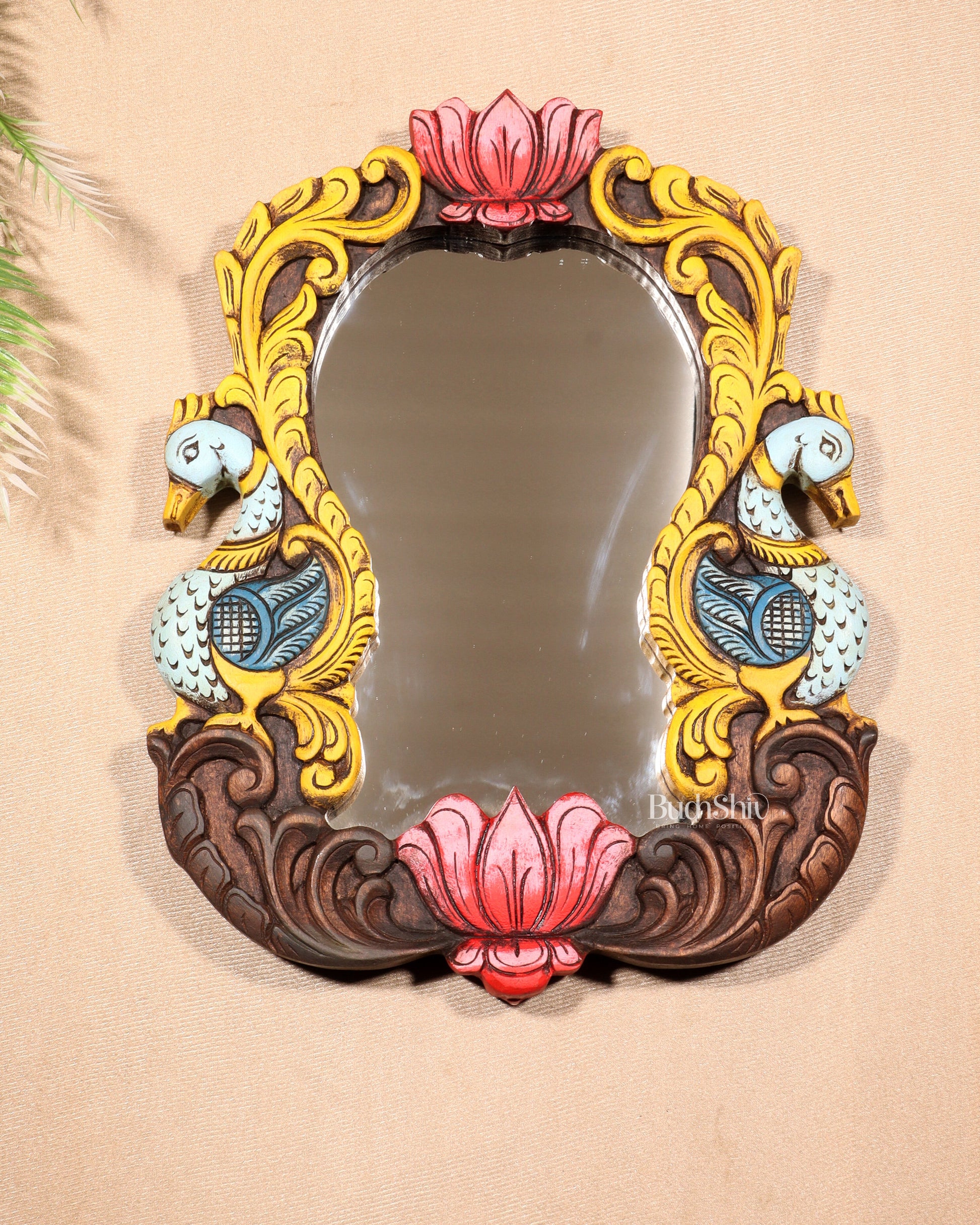 Wooden Twin Peacock Wall Hanging Mirror with Lotus Motifs – Handcrafted (14.5 inches)