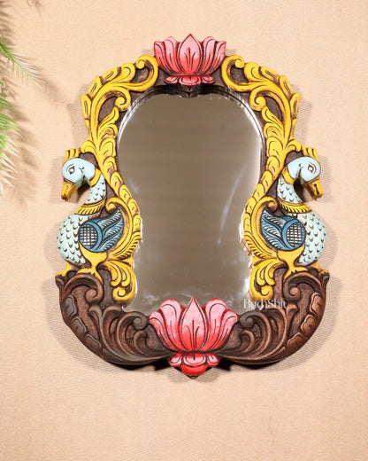 Wooden Twin Peacock Wall Hanging Mirror with Lotus Motifs – Handcrafted (14.5 inches)