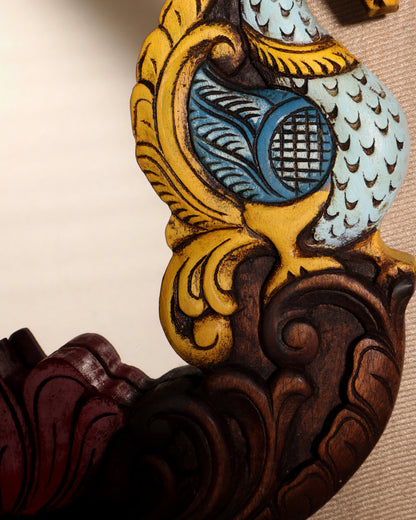 Wooden Twin Peacock Wall Hanging Mirror with Lotus Motifs – Handcrafted (14.5 inches)