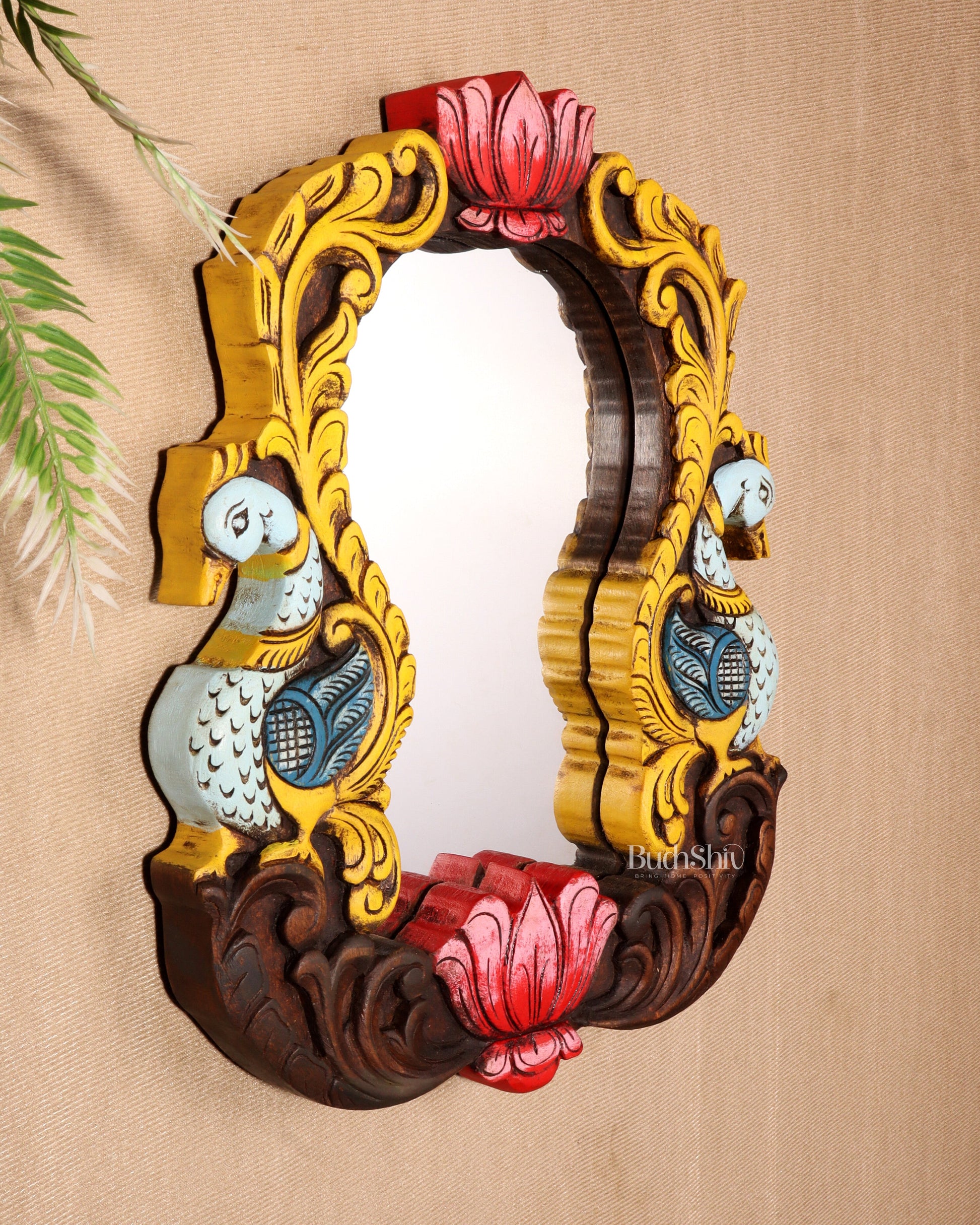Wooden Twin Peacock Wall Hanging Mirror with Lotus Motifs – Handcrafted (14.5 inches)
