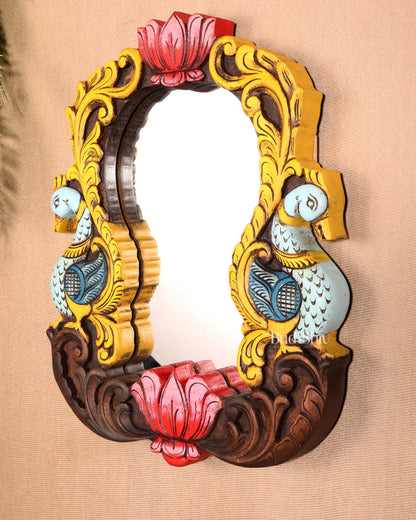 Wooden Twin Peacock Wall Hanging Mirror with Lotus Motifs – Handcrafted (14.5 inches)