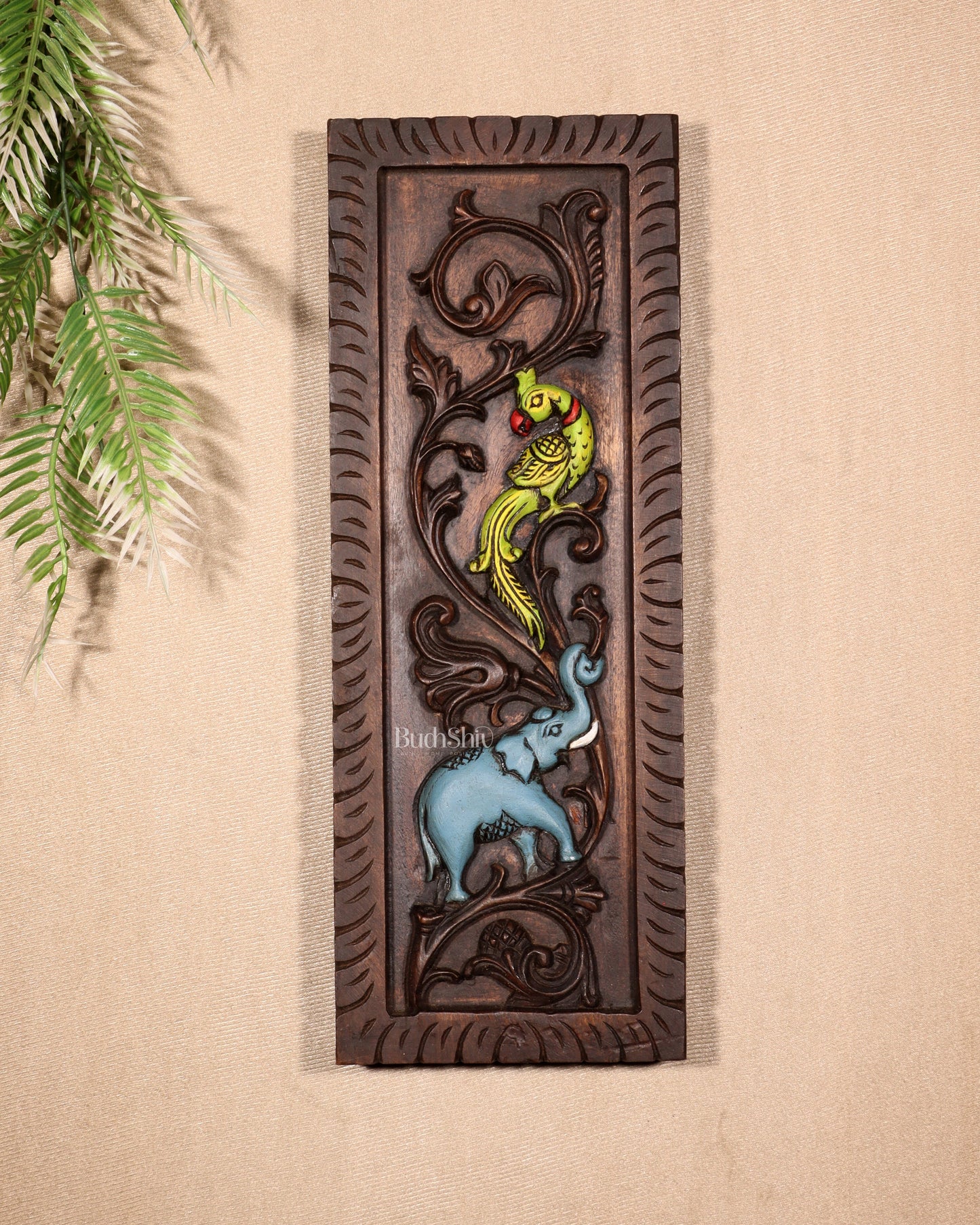 Elephant with Parrot Wooden Wall Hanging Panel – Handcrafted & Hand-Painted 15.5"