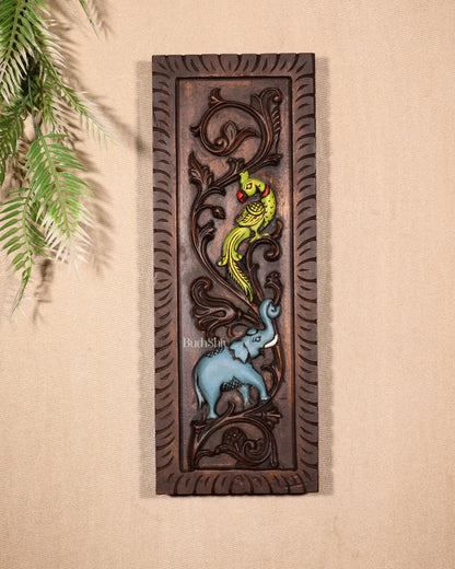 Elephant with Parrot Wooden Wall Hanging Panel – Handcrafted & Hand-Painted 15.5"