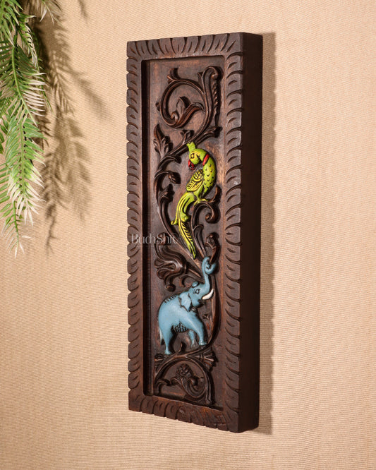 Elephant with Parrot Wooden Wall Hanging Panel – Handcrafted & Hand-Painted 15.5"