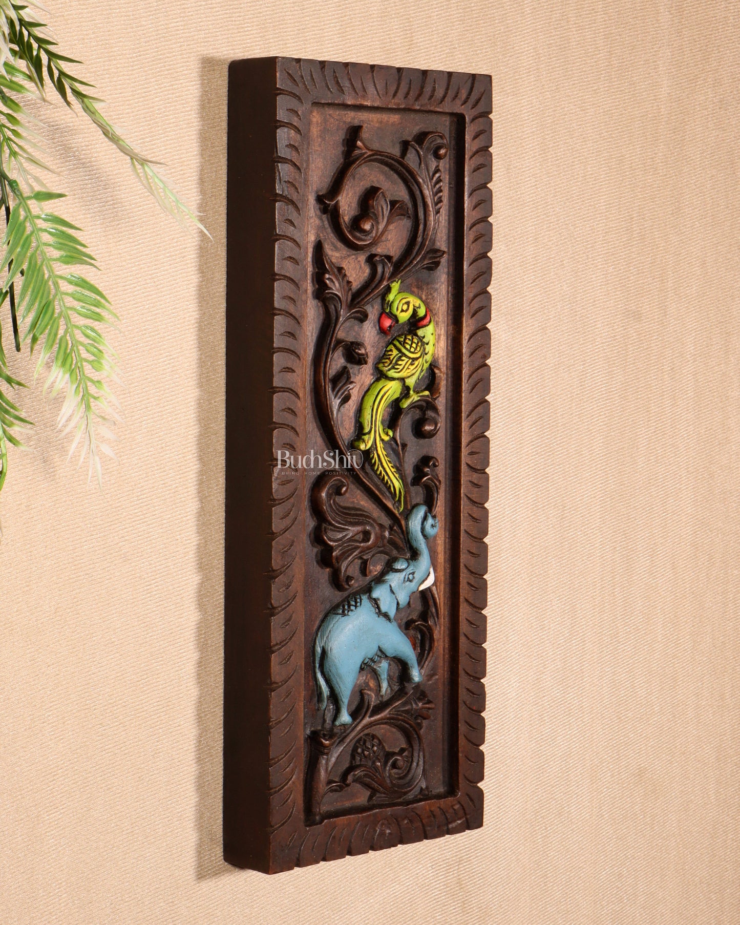 Elephant with Parrot Wooden Wall Hanging Panel – Handcrafted & Hand-Painted 15.5"
