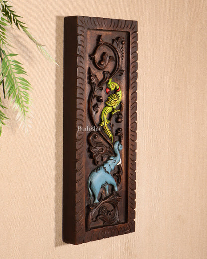 Elephant with Parrot Wooden Wall Hanging Panel – Handcrafted & Hand-Painted 15.5"