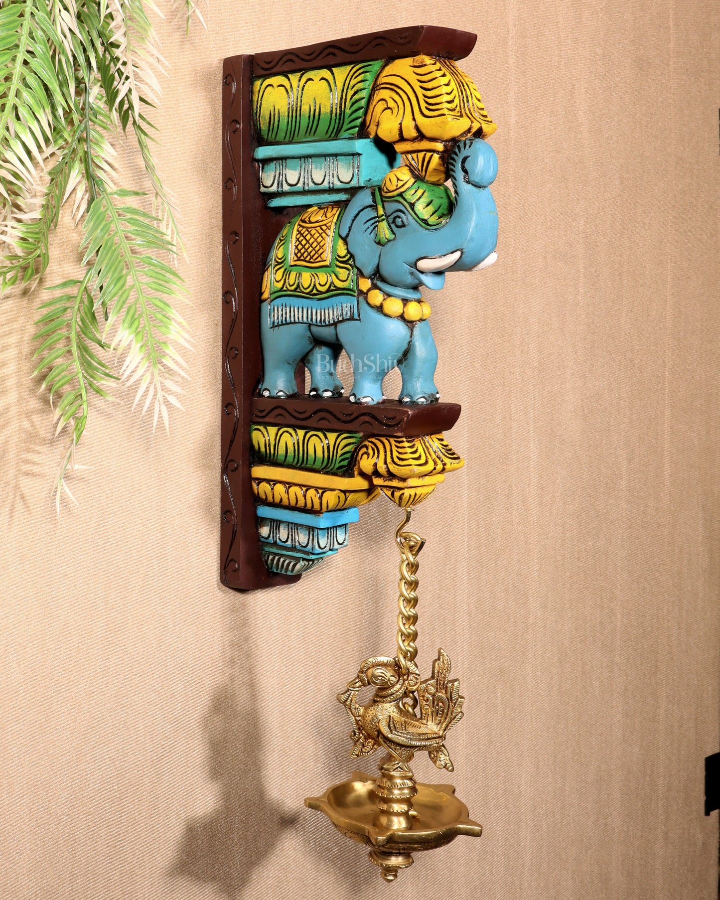 Wooden Hand-Painted Blue Elephant Wall Hanging Bracket – 12"