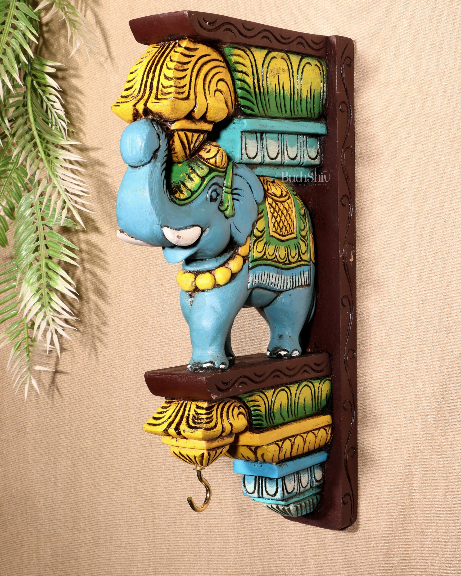 Wooden Hand-Painted Blue Elephant Wall Hanging Bracket – 12"