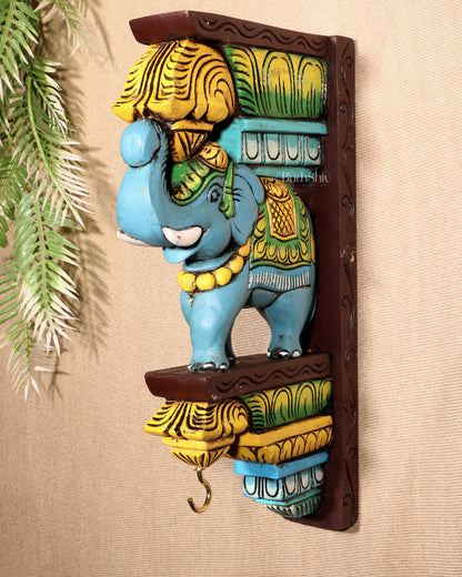 Wooden Hand-Painted Blue Elephant Wall Hanging Bracket – 12"