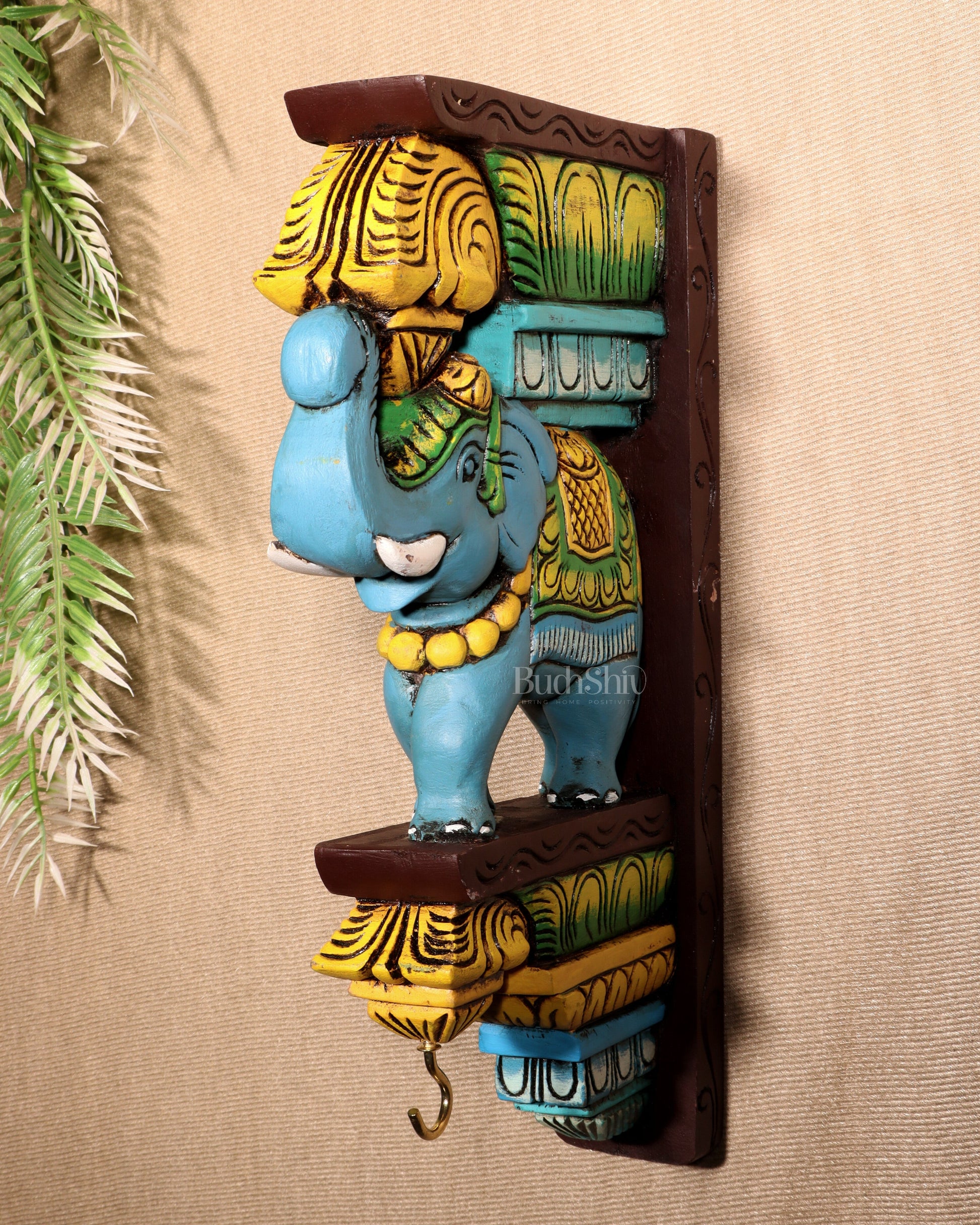 Wooden Hand-Painted Blue Elephant Wall Hanging Bracket – 12"