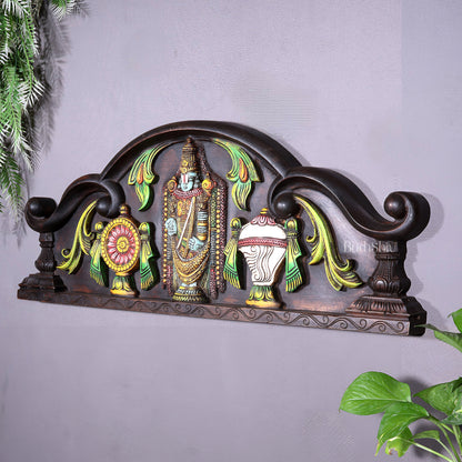 Tirupati Balaji Wooden Wall Hanging with Shankh Chakra & Floral Motifs – Handcrafted & Hand-Painted