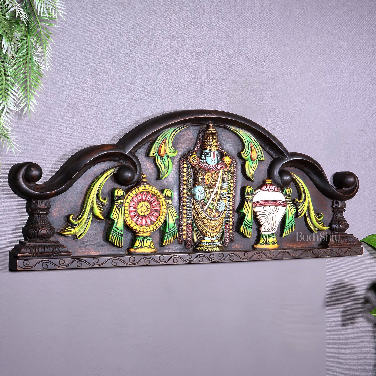 Tirupati Balaji Wooden Wall Hanging with Shankh Chakra & Floral Motifs – Handcrafted & Hand-Painted
