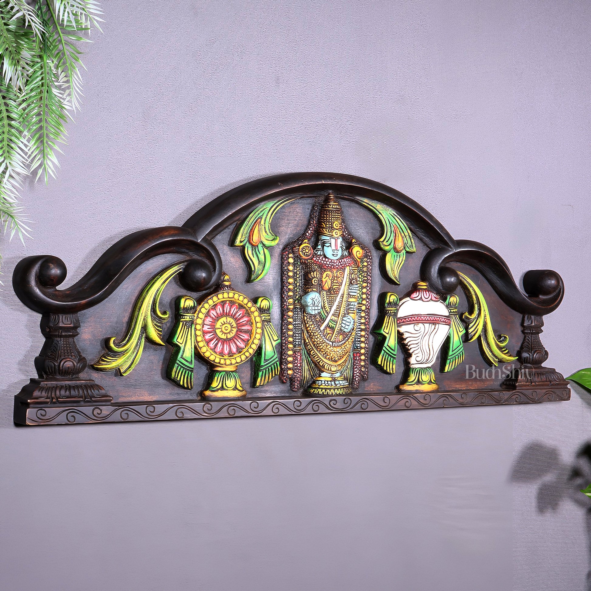Tirupati Balaji Wooden Wall Hanging with Shankh Chakra & Floral Motifs – Handcrafted & Hand-Painted