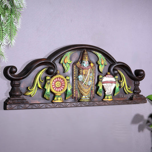 Tirupati Balaji Wooden Wall Hanging with Shankh Chakra & Floral Motifs – Handcrafted & Hand-Painted
