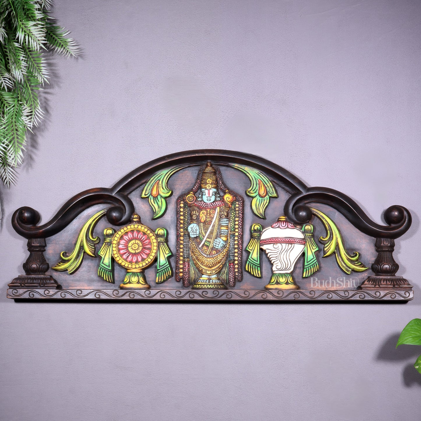 Tirupati Balaji Wooden Wall Hanging with Shankh Chakra & Floral Motifs – Handcrafted & Hand-Painted